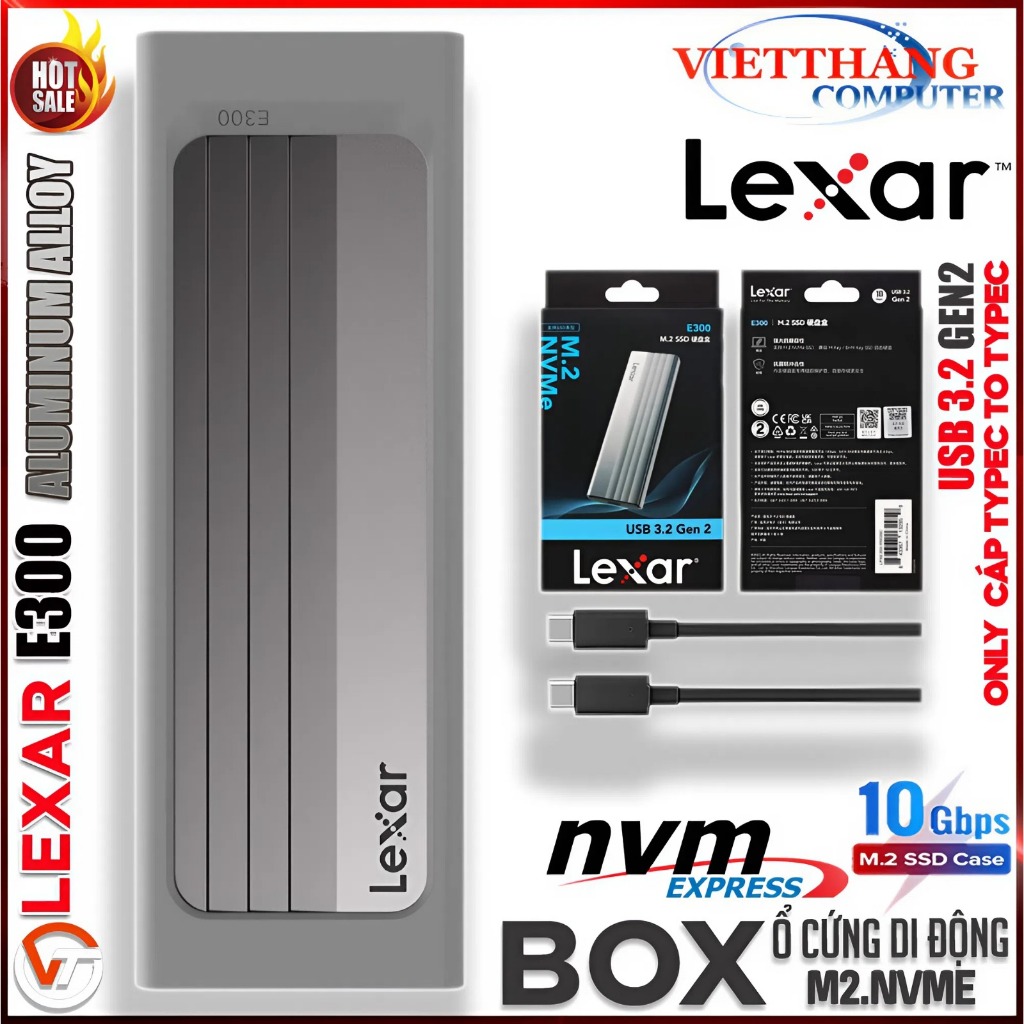 Box SSD Lexar E300 Hỗ trợ SSD M2.NVMe Chuẩn USB 3.2 Gen2 10Gbps - Nhôm nguyên khối Aluminum rất đẹp