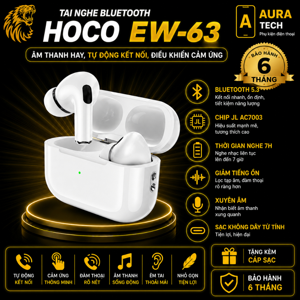 Tai Nghe Bluetooth TWS HOCO EW63 – Âm Thanh Chân Thực, Kết Nối Ổn Định