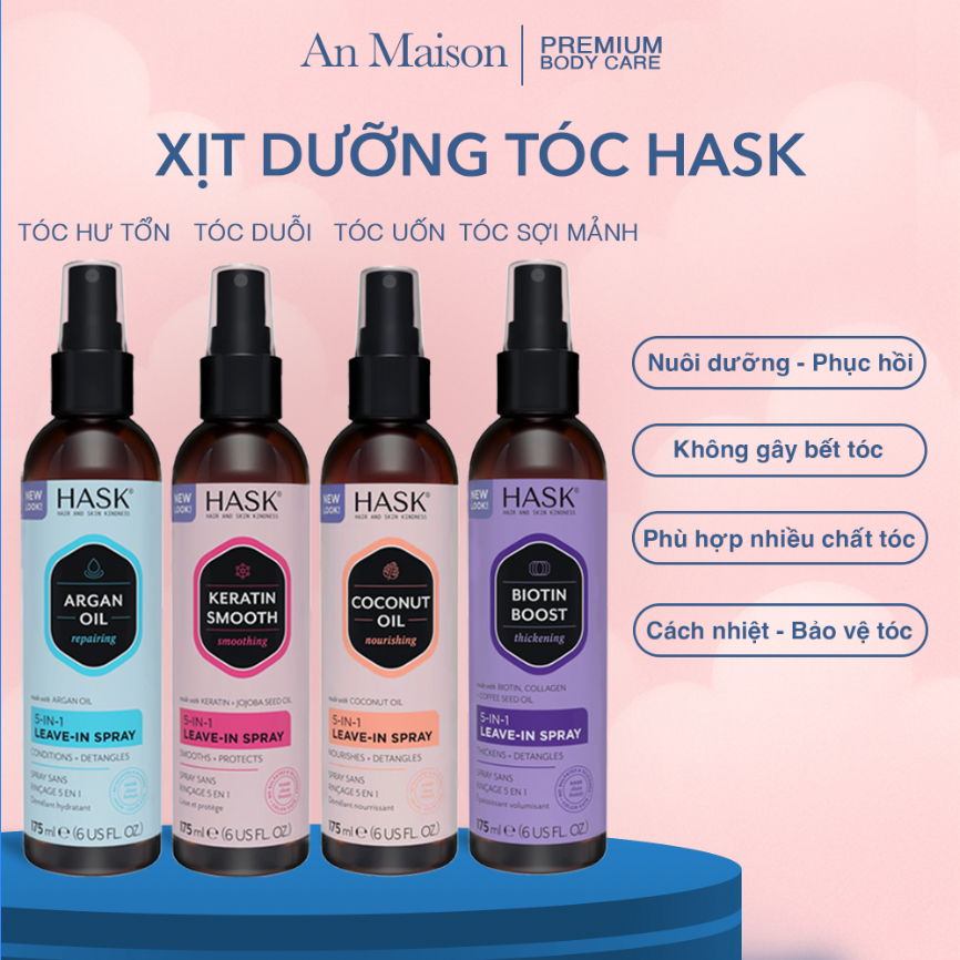 [HASK] Xịt Dưỡng Tóc Hask Keratin 5in1 Leave In Spray Argan Oil 175ml Xịt Tóc Cách Nhiệt, Phục Hồi H
