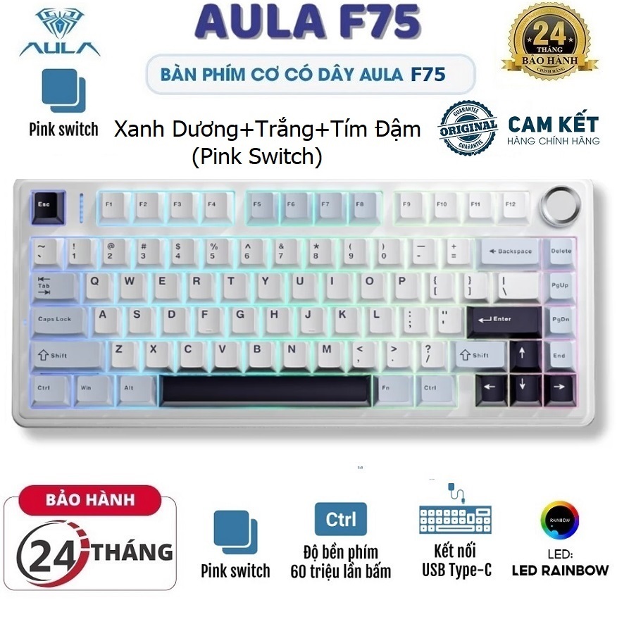 Bàn phím cơ Gaming có Dây chính hãng AULA F75 (4883) 1Mode Đèn nền Led Rainbow (Màu Xanh Dương+Trắng