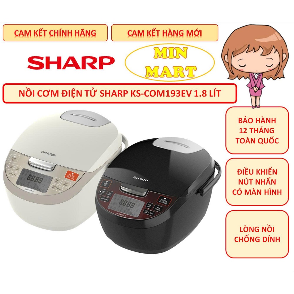 Nồi cơm điện tử Sharp KS-COM193EV-BK/GL 1.8 lít, công suất 790W, lòng nồi hợp kim, bảo hành 12 tháng
