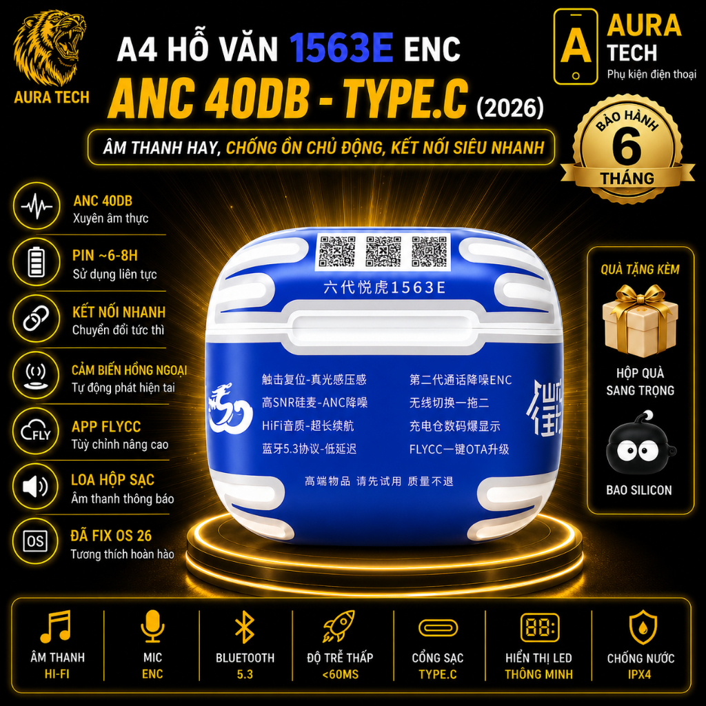 [ A4 1563E ] - Tai Nghe Bluetooth Ap4 1563E Hổ Vằn - Pin 8H - Âm Thanh Vòm - Cảm Ứng Lực
