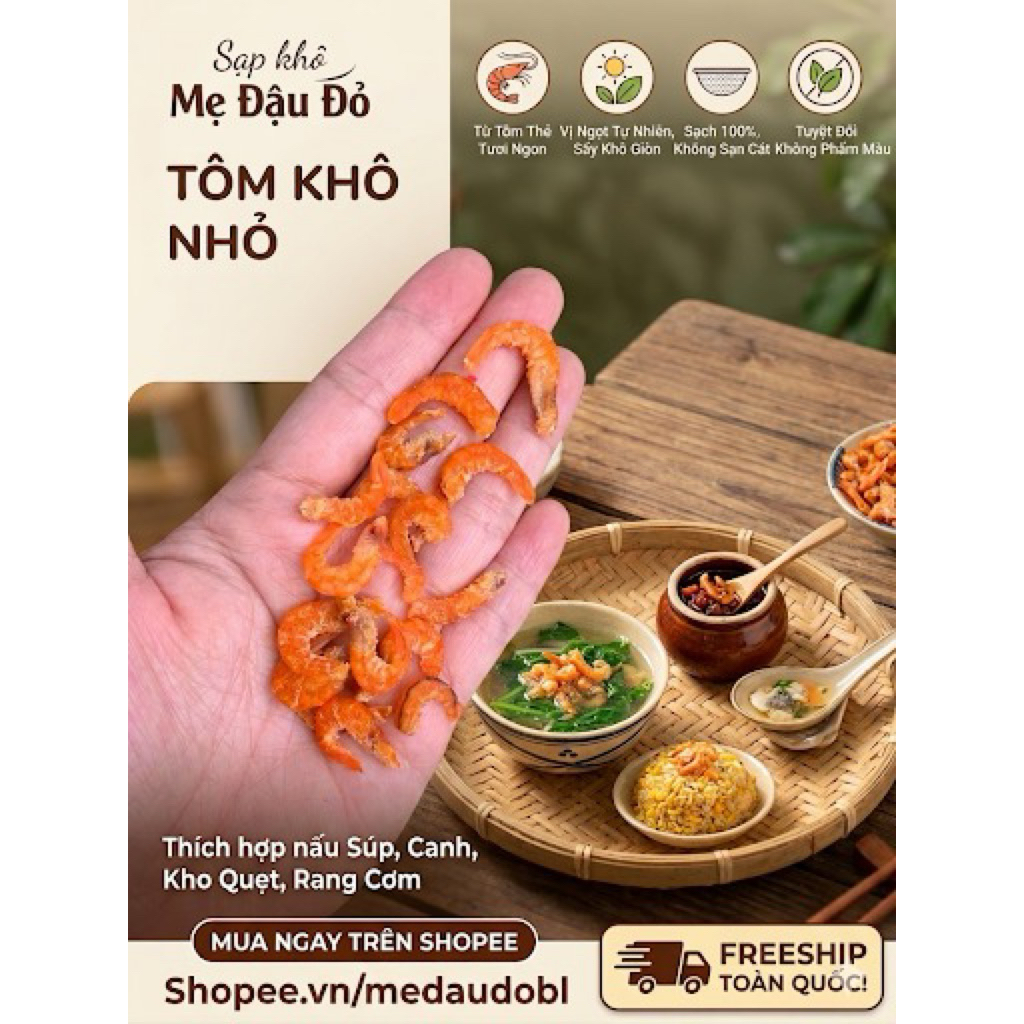 Tôm khô, tôm thẻ khô giòn size nhỏ và size trung màu tự nhiên Đặc sản Cà Mau, Sạp khô Mẹ Đậu Đỏ, Sạp