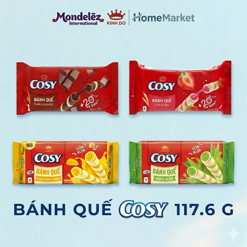 Bánh Quế Cosy 117g Đủ Vị Nhân Kem Giòn Tan, Bánh Ăn Vặt Cosy Vị Socola/Dâu/Lá Dứa/Xoài Xí Muội