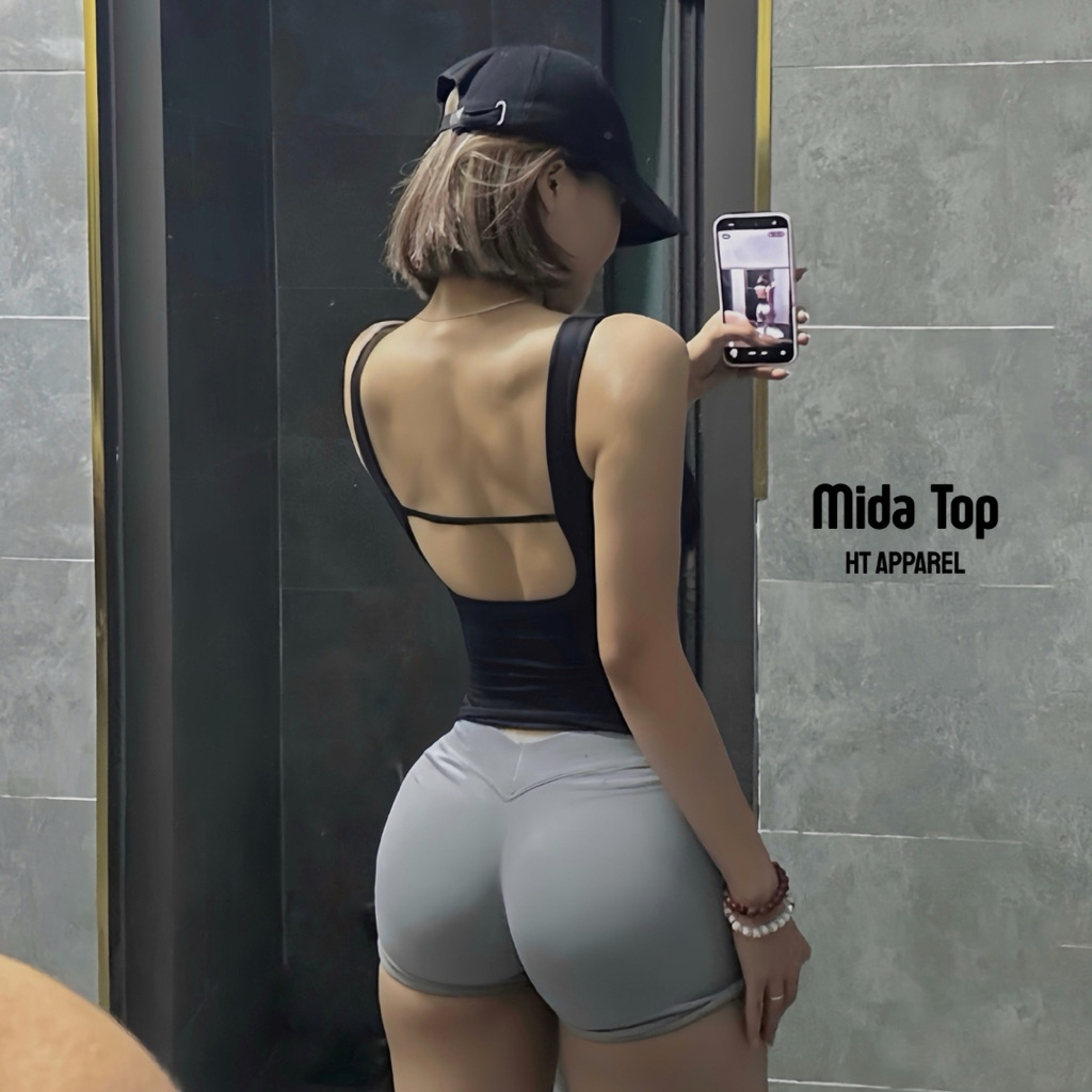 Áo Cổ Vuông HT Apparel Mida Top - Áo Cổ Vuông Gym, Yoga, Pilates, Chiết Eo Tôn Dáng, Hai Lớp Sẵn Mút