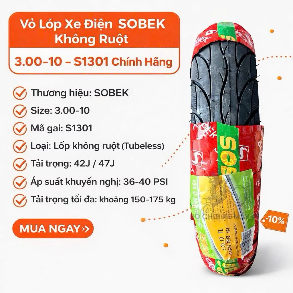 Vỏ Lốp xe điện Sobek không ruột 3.00-10 - S1301 Chính Hãng >>>>
