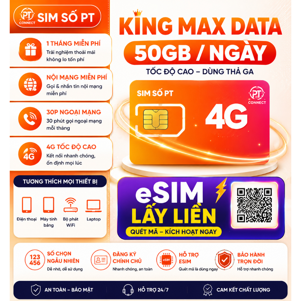 Sim 4G Vietnamobile – King Max Data 50GB/Ngày, Tặng 30 Phút Ngoại Mạng, eSIM Lấy Liền