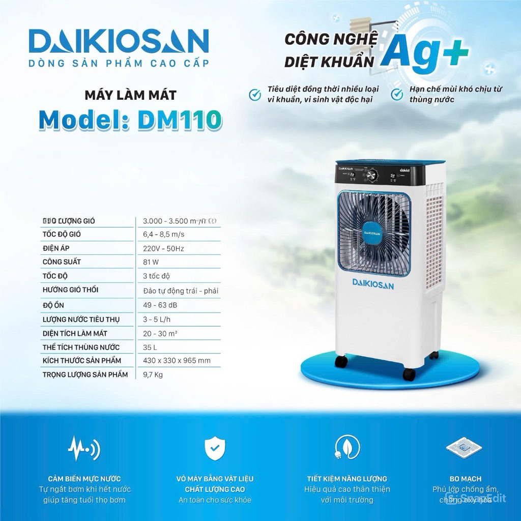 Daikiosan Quạt Điều Hòa DM110 81W Làm Mát 70-80m² Công Nghệ Ag+ Hạn Chế Vi Khuẩn Bình Nước 100L Di Đ