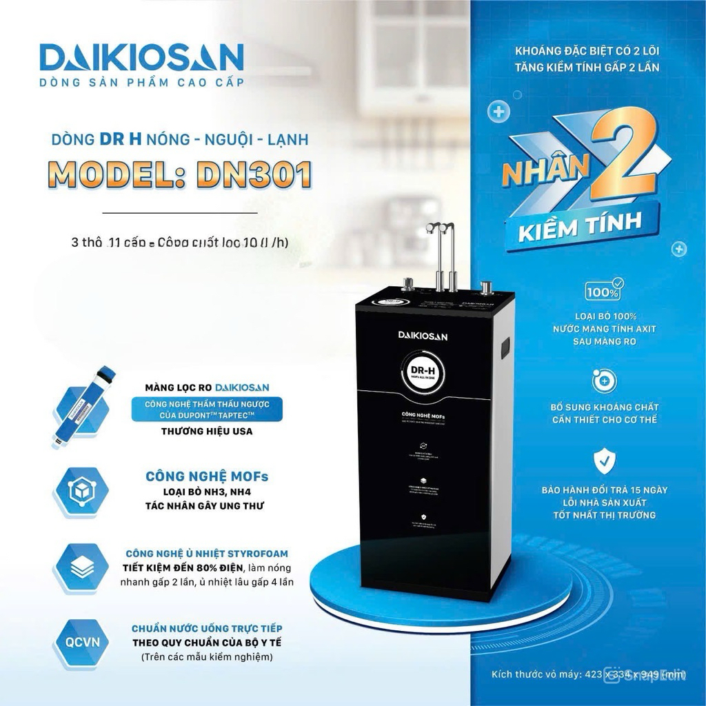Máy lọc nước Daikiosan DR H Nóng + Nguội + Lạnh DN301 – Lọc Sạch & Tăng Kiềm Tự Nhiên