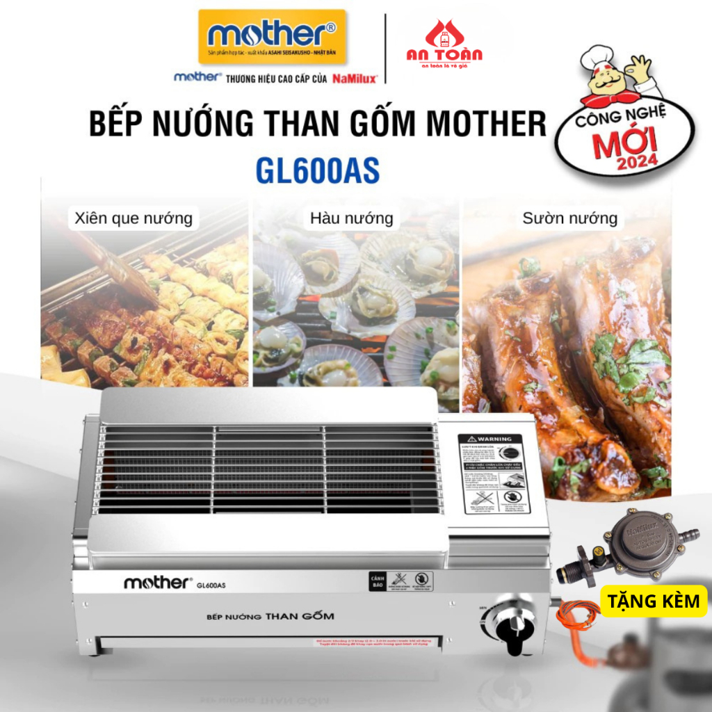 Bếp Nướng Than Gốm Mother GL600AS Kèm Van Dây | Không Nhóm Lửa - Không Khói Bụi - Không Quạt Than | 