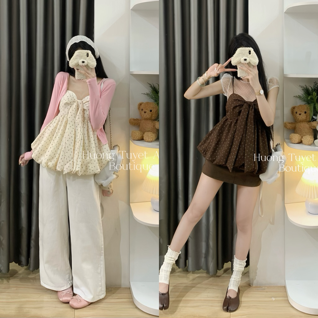 | Hình thật by Hta.boutique | Áo 2 dây babydoll buộc nơ ngực hoa nhí bí phồng dễ thương