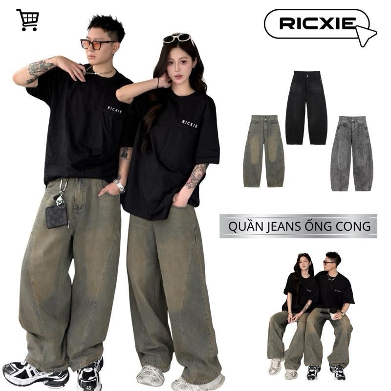 Quần jeans ống cong Ricxie phong cách retro unisex nam nữ