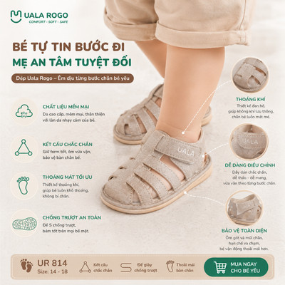 Dép tập đi cho bé Ualarogo sandal đế cao su chống trượt an toàn xăng đan quai dán điều chỉnh UR 814