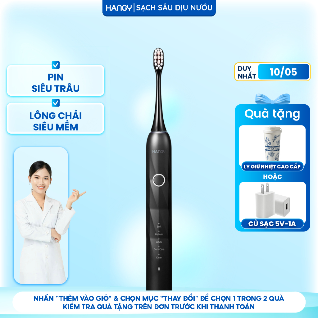 Bàn Chải Điện HANGY HY23 Pro & X1 - Công Nghệ Sonic - Động Cơ Servo Quét Rung 45 Độ
