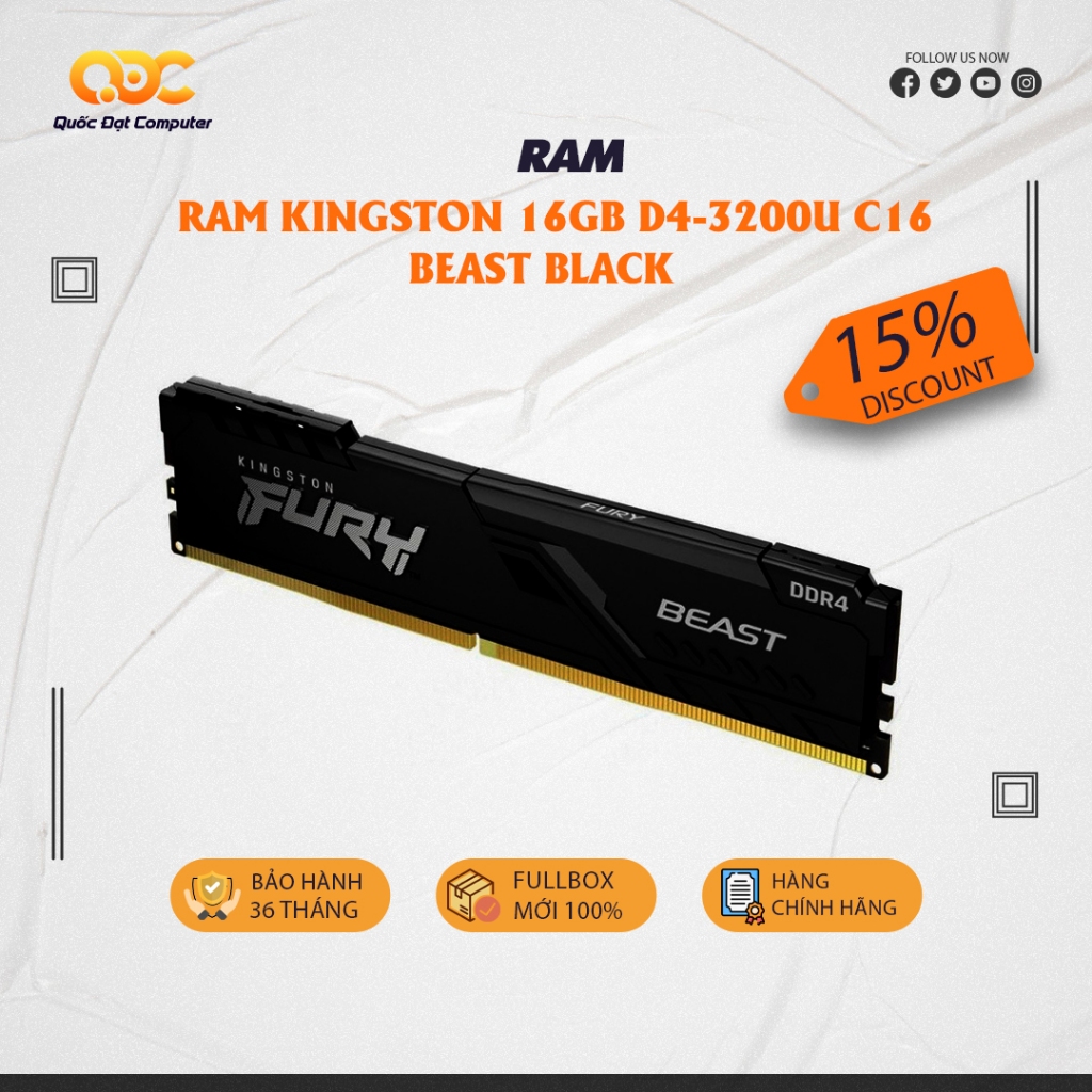 Ram Kingston 16GB D4-3200U C16 Beast Black (KF432C16BB1/16WP)