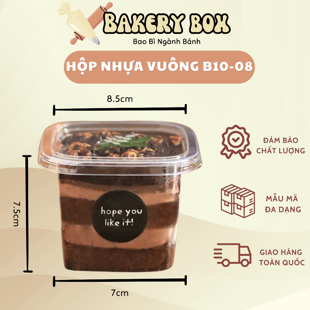 50 Hộp Nhựa Vuông Đựng Bánh Lạnh, Bánh Mousse,Tiramisu, Hộp Đựng Khúc Bạch Vải Thiều (B10-08)