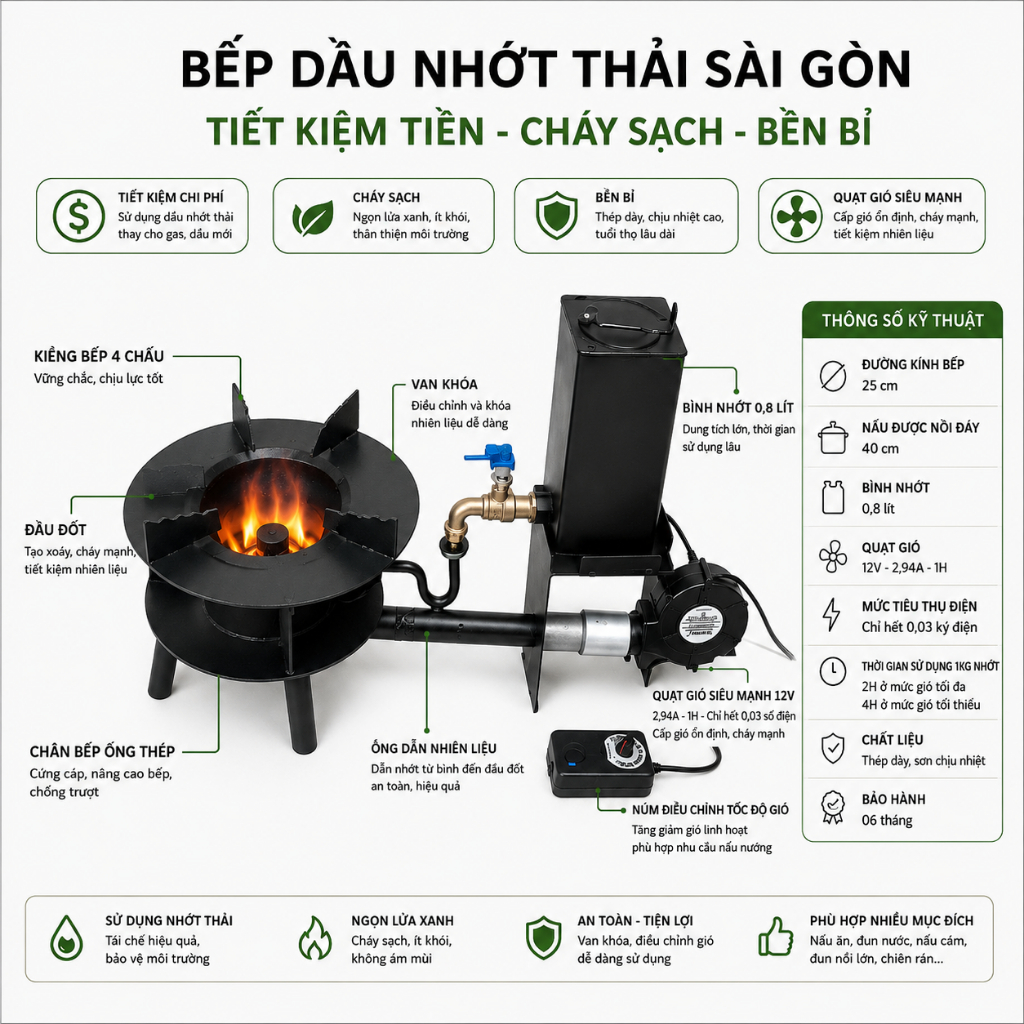 Bếp Đốt Dầu Nhớt Thải Sài Gòn – Lửa Mạnh, Nấu Nồi Lớn 40cm, Thép Dày Bền Bỉ