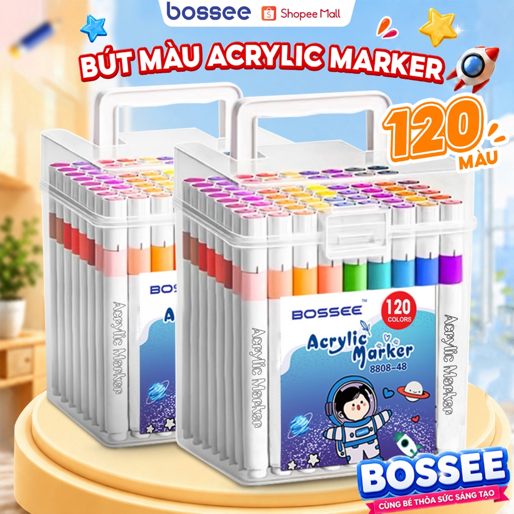 Hộp 120 Màu Acrylic Marker Bossee, Bút Màu Acrylic Cao Cấp Thiết Kế Hộp Nhựa Tiện Lợi