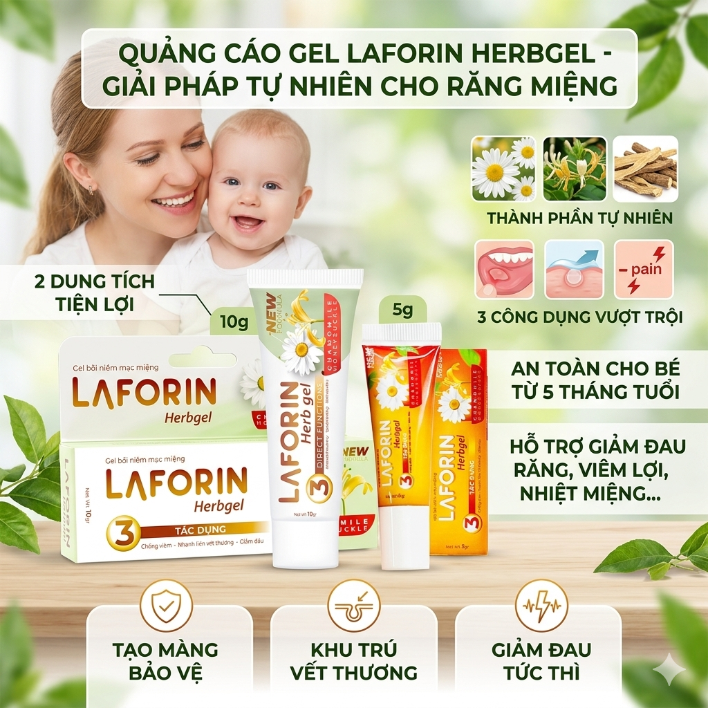 [CHÍNH HÃNG] Gel Laforin Herb Gel - Giám sưng nướu, nhiệt miệng, giảm đau khi mọc răng - Tuýp 5, 10g