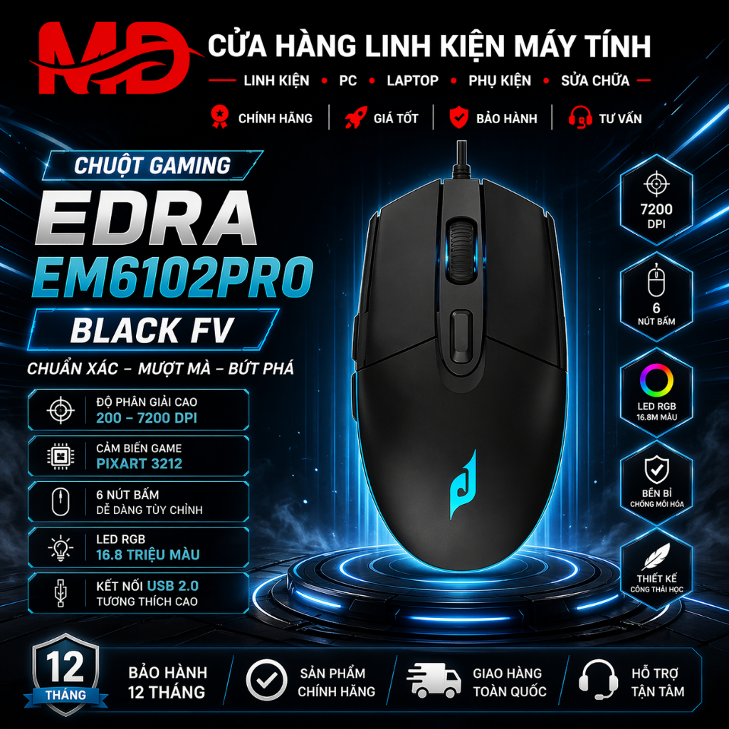 Chuột Gaming E-DRA EM6102 Pro – 10000 DPI, Switch Quang 80 Triệu Click, RGB 16.8 Triệu Màu