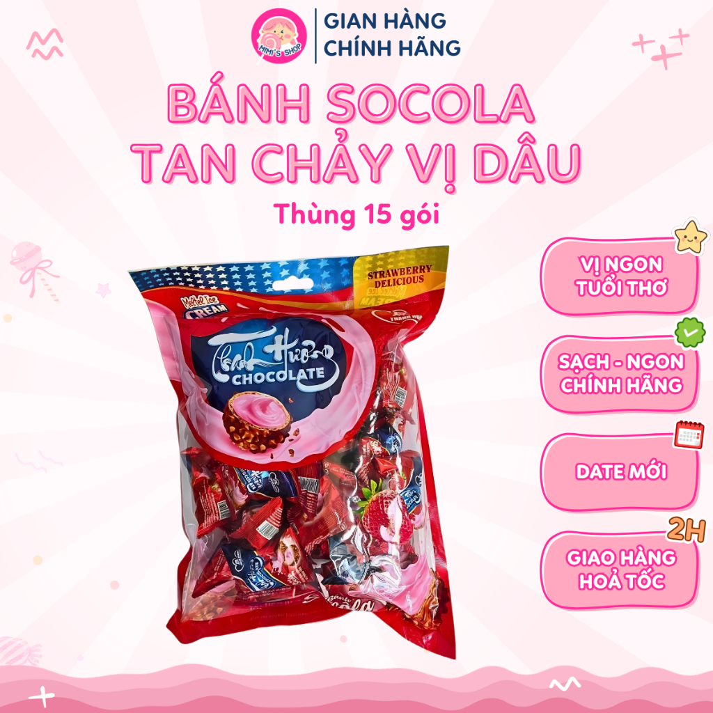 (Sỉ) Thùng Bánh Socola Tan Chảy Vị Dâu Thanh Hương 15 Gói, Bánh Bông Lan Mềm Nhân Kem Dâu Ngọt Dịu |