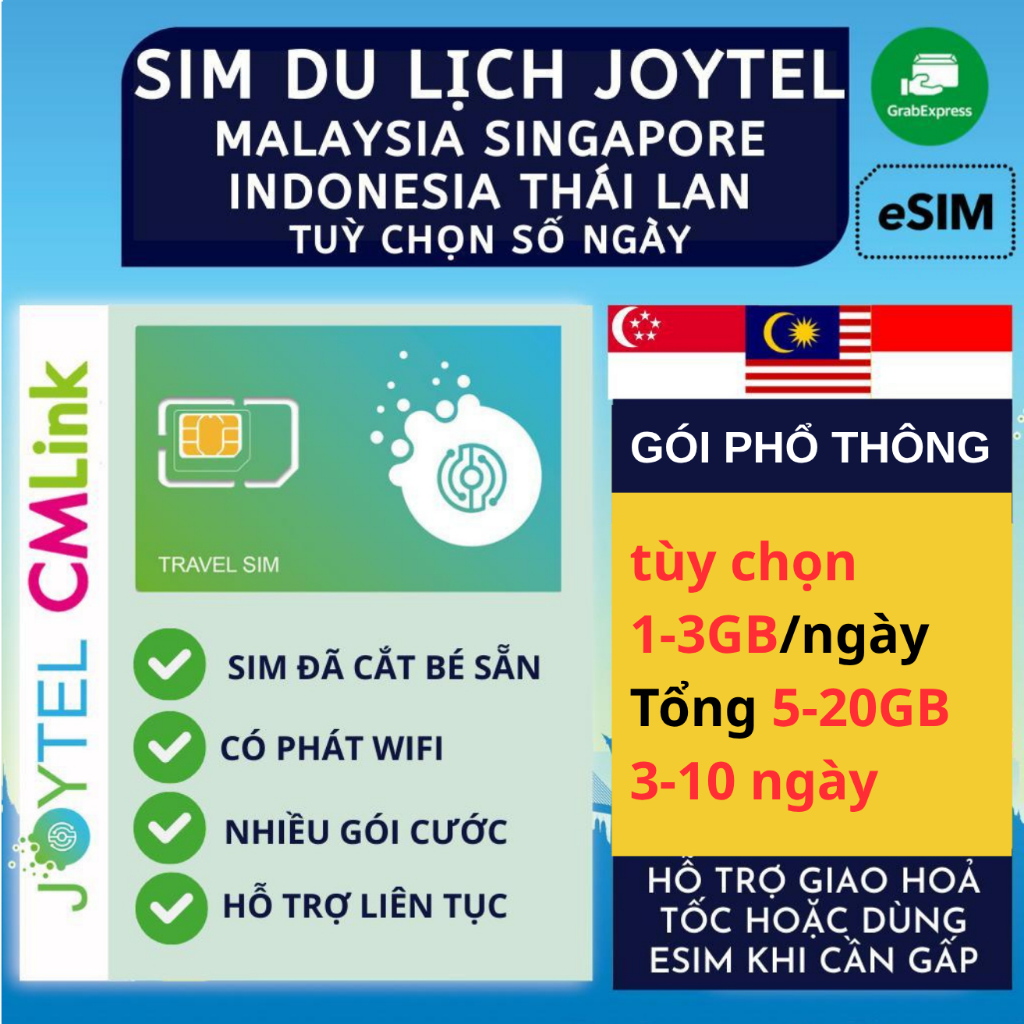 [Gói Phổ Thông] Sim Du Lịch Singapore Malaysia CMLink JOYTEL Tốc Độ Cao Hỗ trợ Giao Nhanh và Esim 03