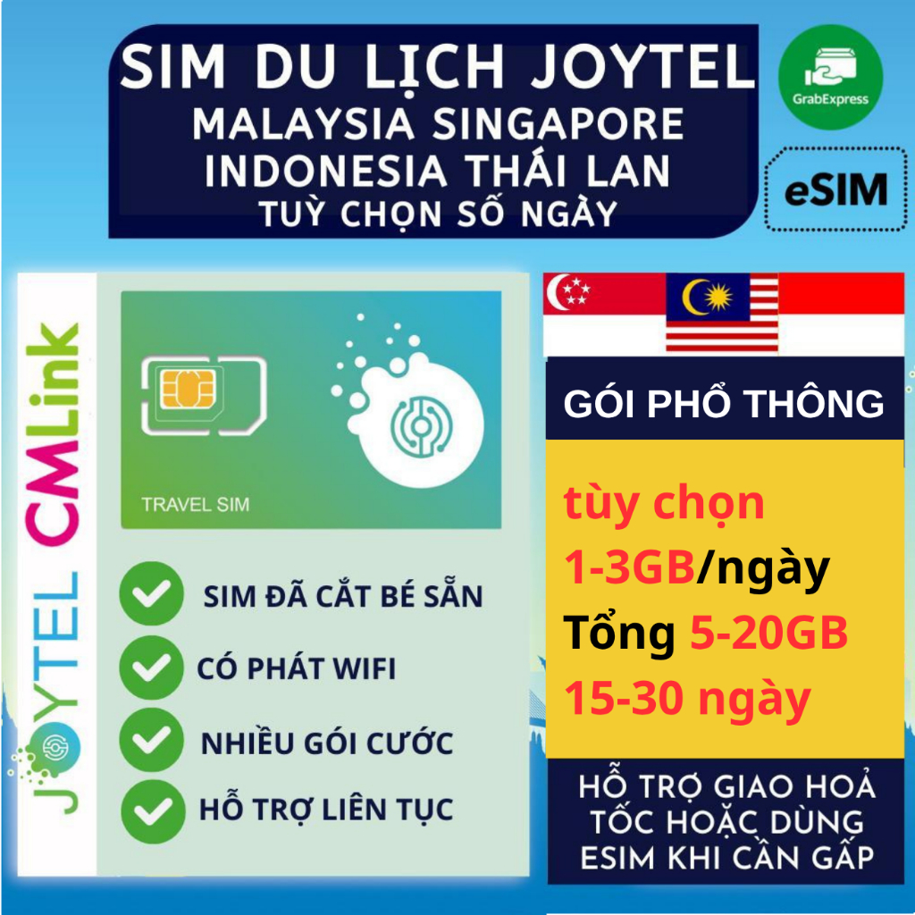 [Gói Phổ Thông] Sim Du Lịch Singapore Malaysia CMLink JOYTEL Tốc Độ Cao Hỗ trợ Giao Nhanh và Esim 15