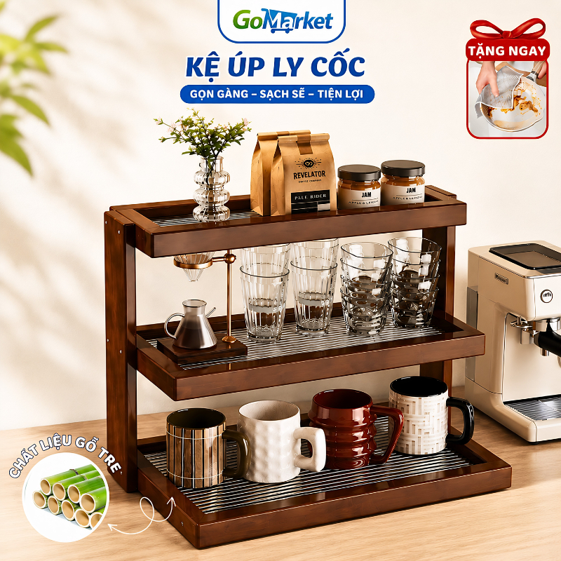[HÀNG LOẠI 1] Kệ Úp Ly Cốc Gỗ Tre Cao Cấp GoMarket  – Kệ Trưng Bày Để Bàn Nhiều Tầng Để Đồ Đa Năng P