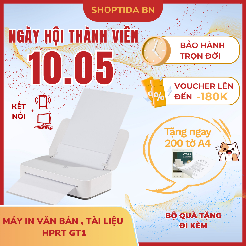 Máy in tài liệu mini HPRT GT1 không cần mực nhỏ gọn kết nối wifi dành cho học sinh, sinh viên tặng k