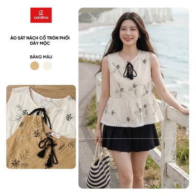 Áo kiểu nữ CARDINA chất liệu đũi sát nách cổ tròn phối dây mộc 6AKS07