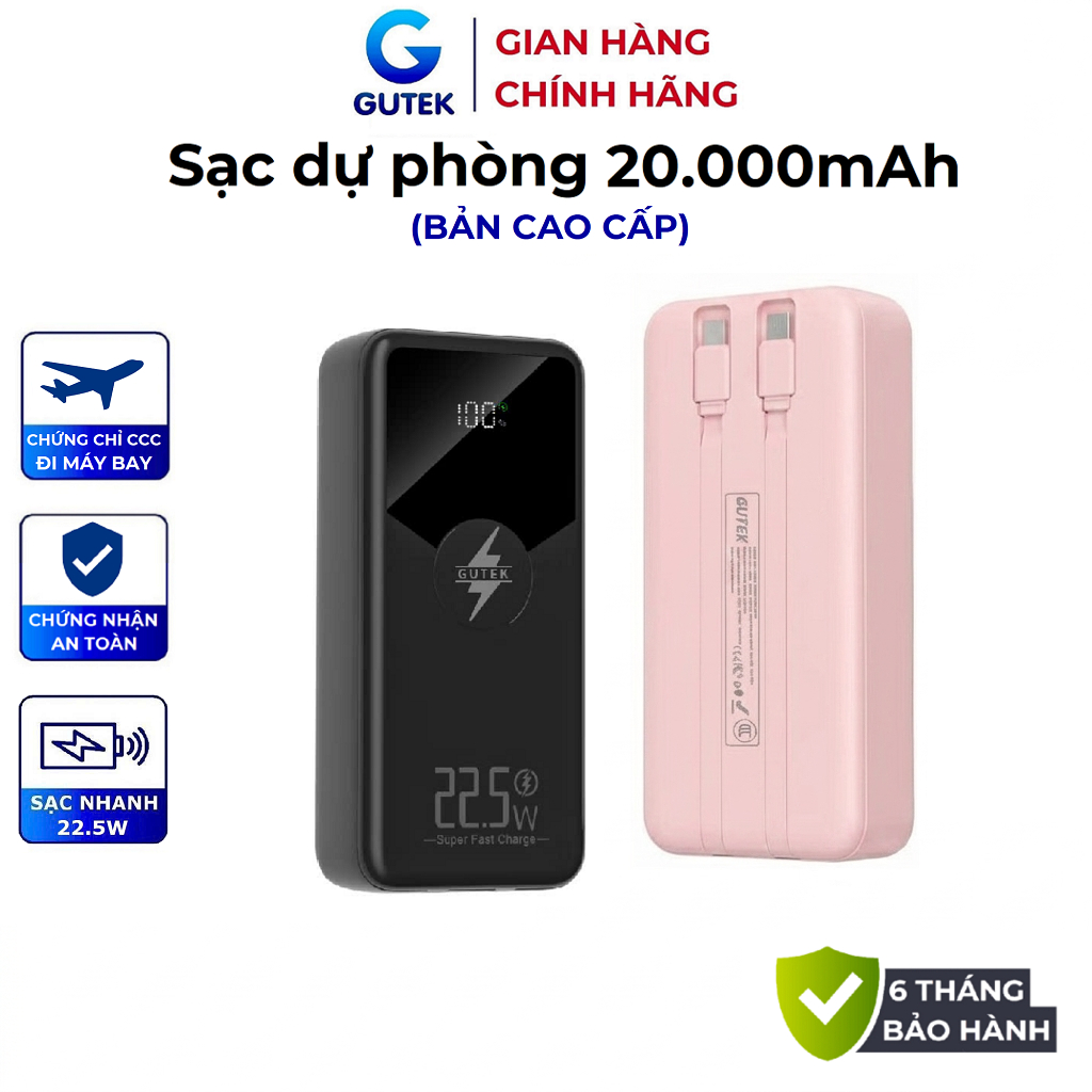 Sạc dự phòng 20000mAh Gutek GT229 sạc nhanh 22,5W pin dung lượng lớn tích hợp dây cáp cho điện thoại