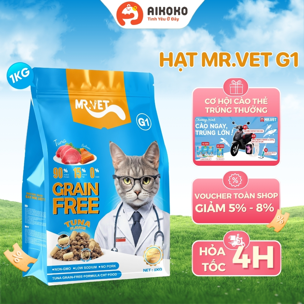 Hạt Mr.Vet G1 1kg Cho Mèo - Hương Cá Ngừ, Không Độn Ngũ Cốc, Có Topping Thịt Sấy - Aikoko