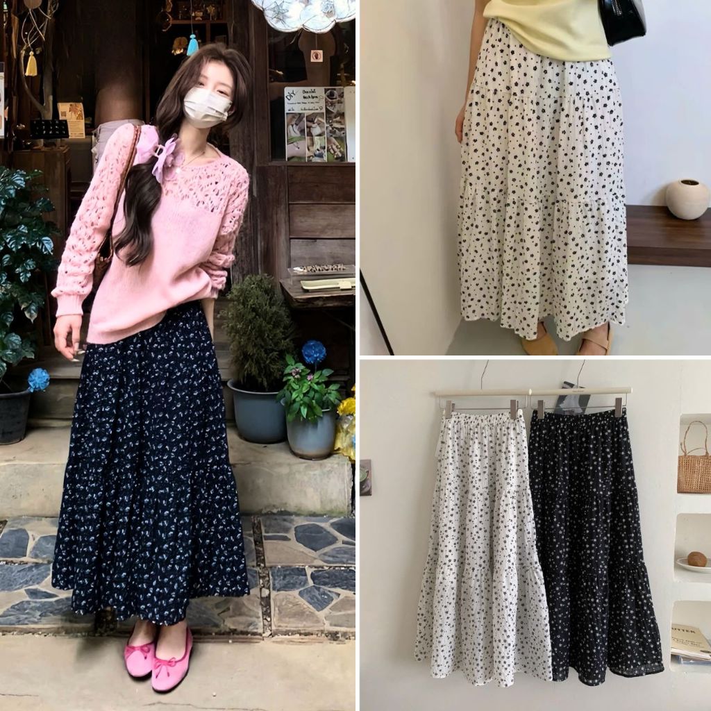 Chân Váy Hoa Nhí Dáng Dài Xòe Tầng 2 Lớp Bo Chun, Labibi