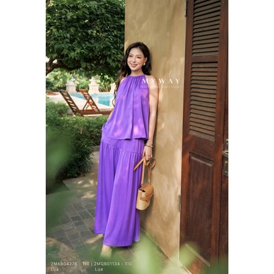 Set Áo Quần Lụa Nữ Du Lịch Nữ MY WAY Cổ Yếm Phối Quần Suông Dài Tôn Dáng Sang Chảnh 2mab04276 2mqb01134