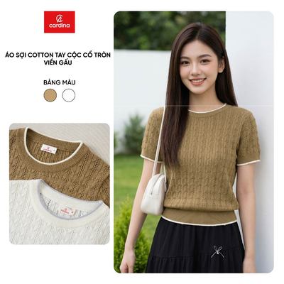 Áo kiểu nữ CARDINA chất dệt sợi cotton tay cộc cổ tròn viền gấu 6ALC01