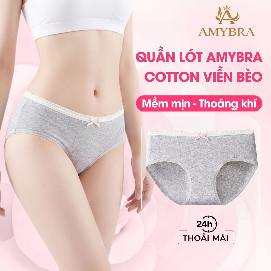 Quần Lót Nữ Cotton Kháng Khuẩn Cạp Vừa Co Dãn, Quần Chip Nữ Viền Bèo Đính Nơ Xinh Xắn AMYBRA L4119