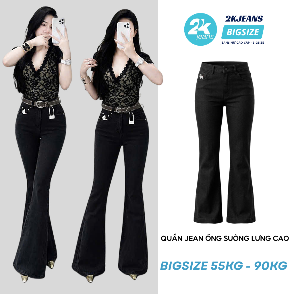 Quần Jeans Nữ Ống Suông Lưng Cao Form Dài Tôn Dáng Thêu Ngựa BigSize 2Kjeans QC519
