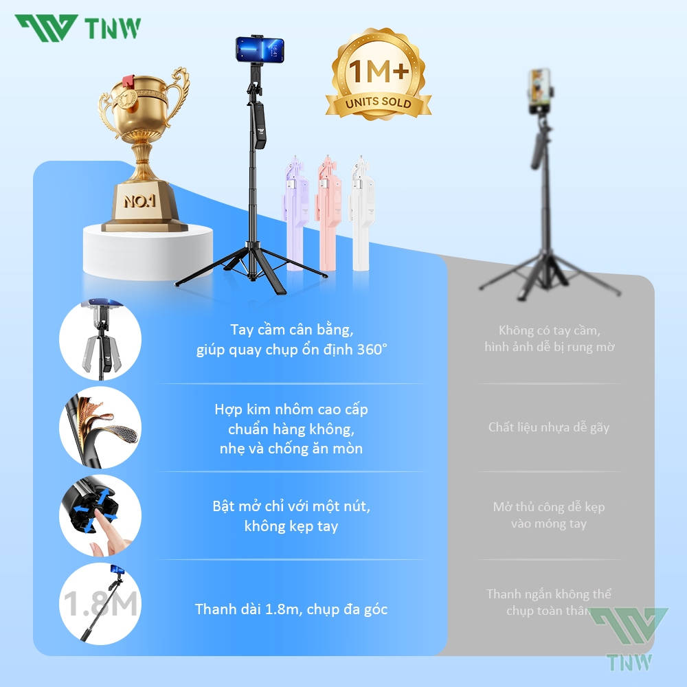 TNW S30 Gậy selfie Gậy chụp ảnh 4 chân Bluetooth chống rung Gậy Selfie Cầm Tay Có Đèn Led Dài 1m8 | BigBuy360 - bigbuy360.vn