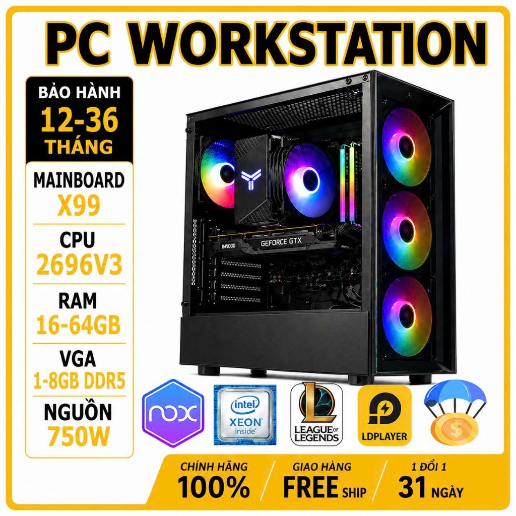 PC Workstation 2696V3 18 Nhân 36 Luồng chuyên chạy giả lập , airdrop , MMO