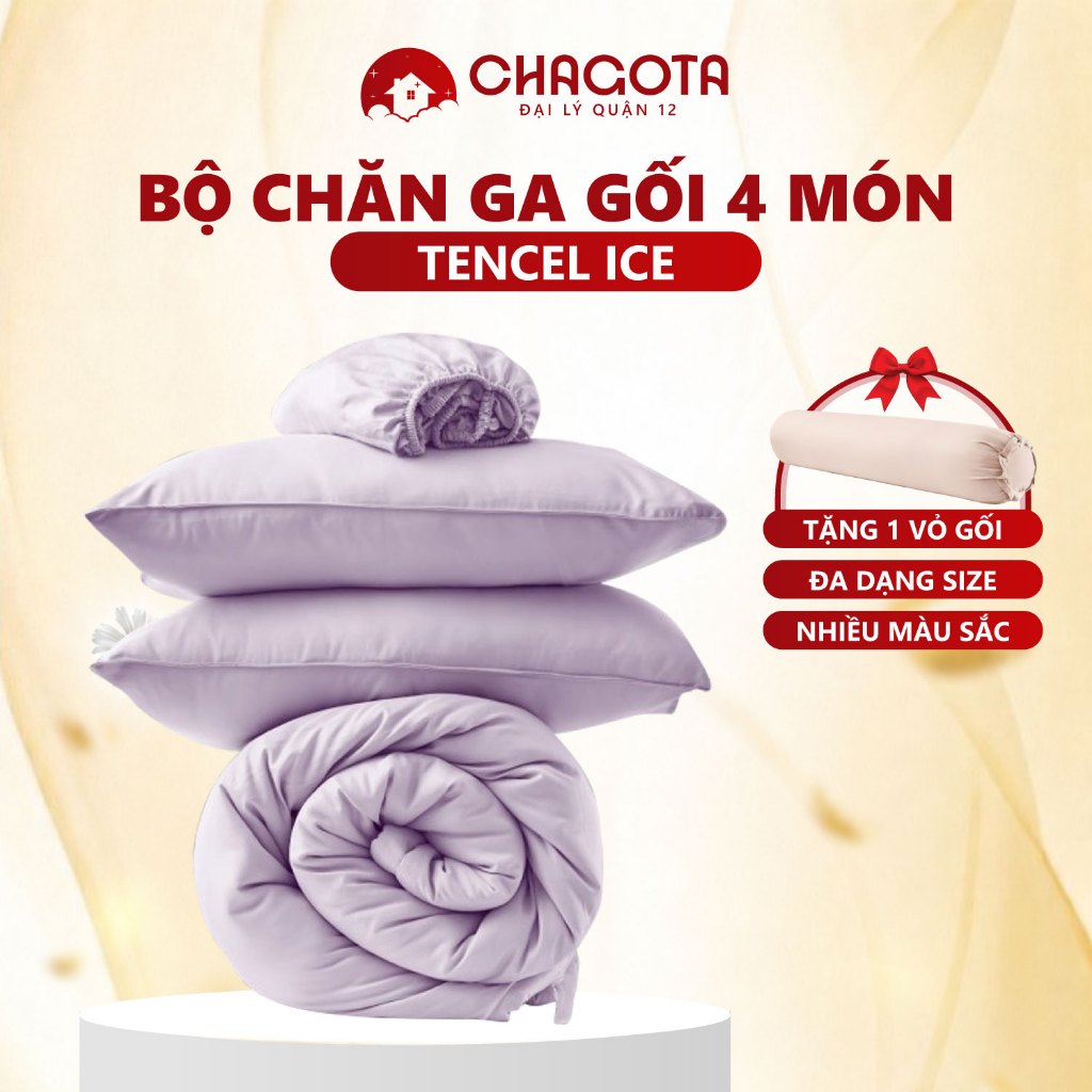 Bộ Chăn Ga Gối 4 Món Lụa Silk Ice CHAGOTA, Vải Mềm Mát Lạnh, Thông Thoáng Mọi Mùa 1mx2m Đến 2mx2m2