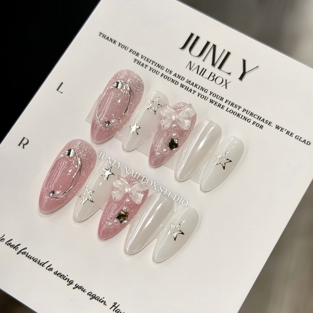 Nailbox thạch hồng trắng JUNLY - nail box thiết kế móng giả mắt mèo trang trí bạc đơn giản 298