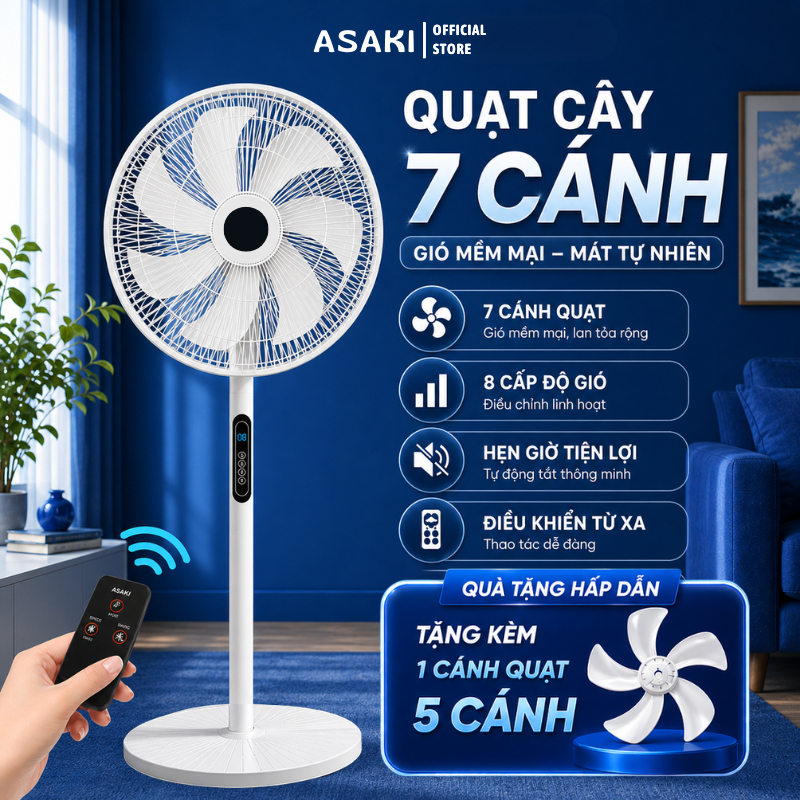 Quạt Cây Đứng Tiết Kiệm Điện ASAKI Công Suất Lớn 8 Cấp Độ Gió Có Điều Khiển Từ Xa | BigBuy360 - bigbuy360.vn