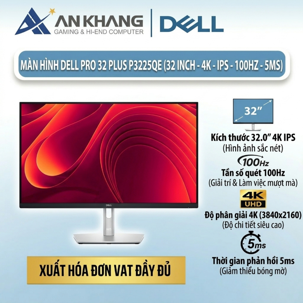 Màn Hình Máy Tính Dell Pro 32 Plus P3225QE (32 inch/4K UHD/IPS/100Hz/5ms/USB-C 90W) Chính Hãng Bảo H