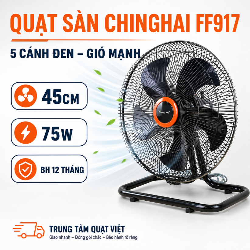 Quạt Sàn Chinghai FF917 5 Cánh Đen 45cm, 75W, Quạt Sàn Quỳ Công Nghiệp Gió Mạnh, Chân Sắt Chắc Chắn