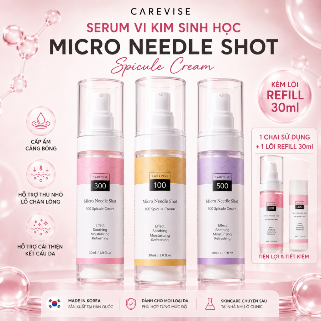 Tinh chất Vi Kim dưỡng sáng CAREVISE Micro Needle Shot 100 300 500 Hàn Quốc Kèm Refill