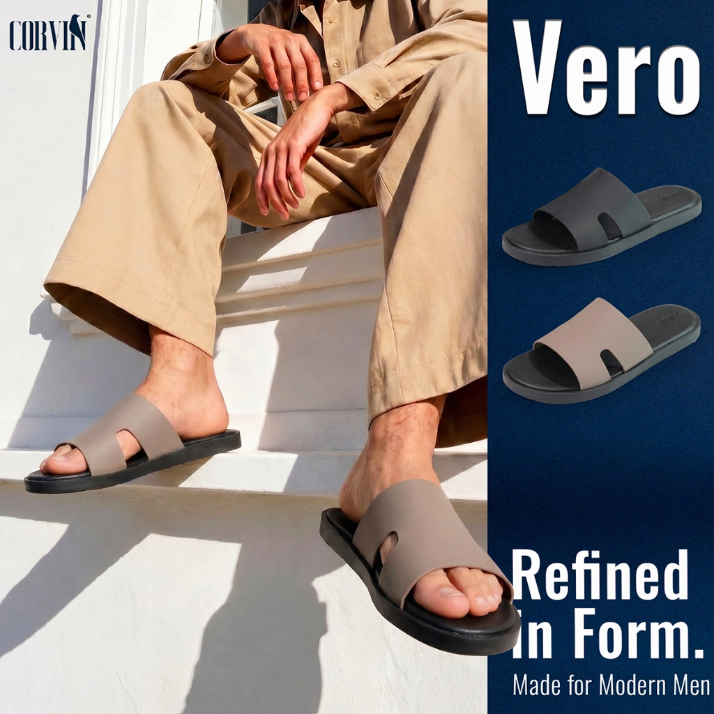 Dép da nam CORVIN VERO quai ngang da Microfiber cao cấp đế TPR bền bỉ êm chân phong cách tối giản