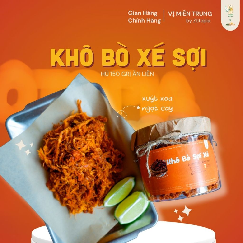 [VỊ MIỀN TRUNG] Khô bò xé sợi Vị miền trung, ăn liền thơm ngon, hũ PET 150g sạch sẽ