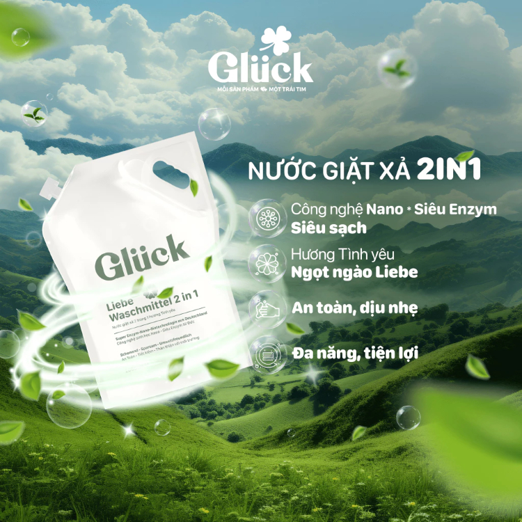 Nước giặt xả GLUCK thuần sinh học túi 2kg – Công nghệ độc quyền Đức, an toàn cho cả gia đình