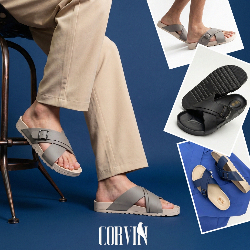 Dép Da Nam Quai Chéo CORVIN EDGE  Phong Cách Tối Giản, Da Microfiber, Đế Cao Su Form Công Thái Học