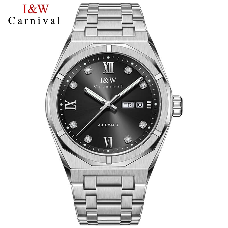 Đồng Hồ Nam I&W Carnival 751G Chính Hãng - Máy Cơ, Mặt Đen, Dây Thép, Kính Sapphire, BH 5 Năm